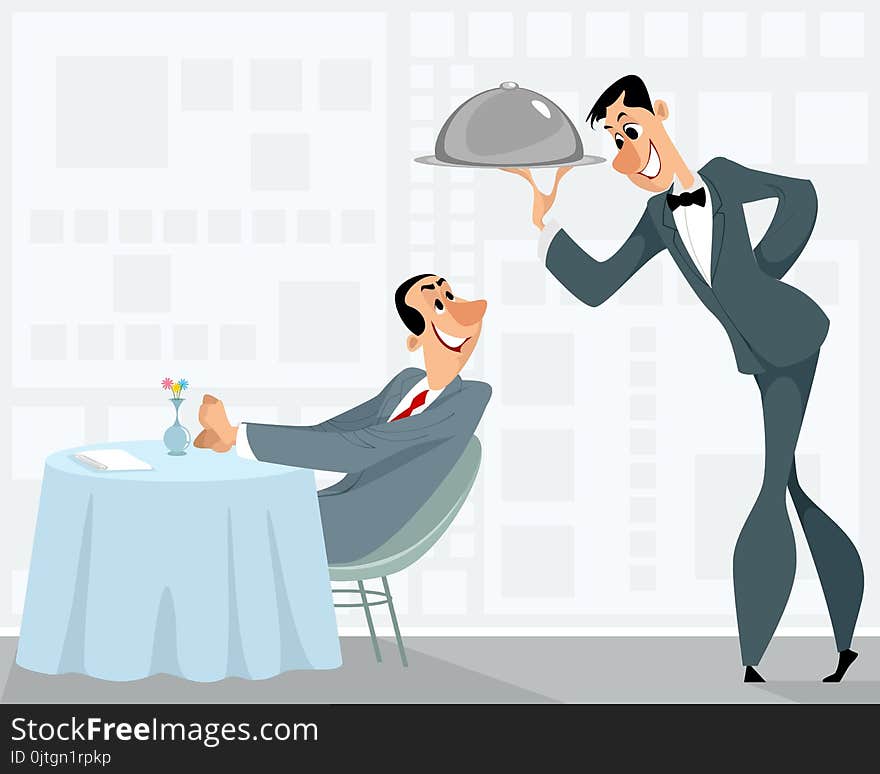 Vector illustration of a waiter and a satisfied customer. Vector illustration of a waiter and a satisfied customer