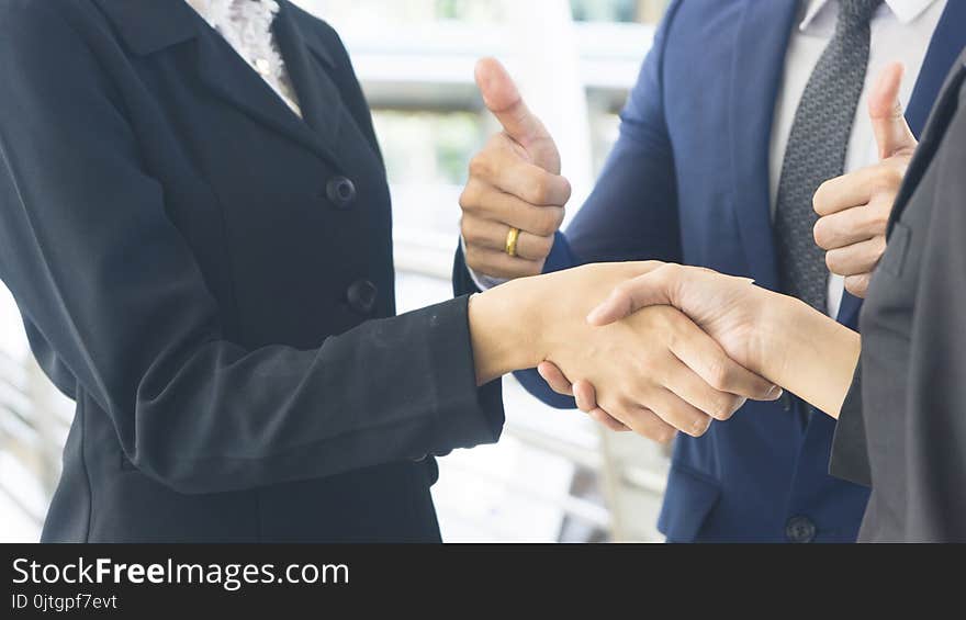 Group of business people of men and women with business suit stand and hold hands together. Group of business people of men and women with business suit stand and hold hands together