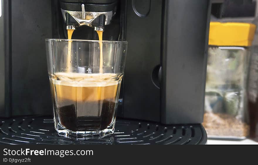 Cup of coffee with drop of water from bean to coffee machine in cappuccino and espresso style