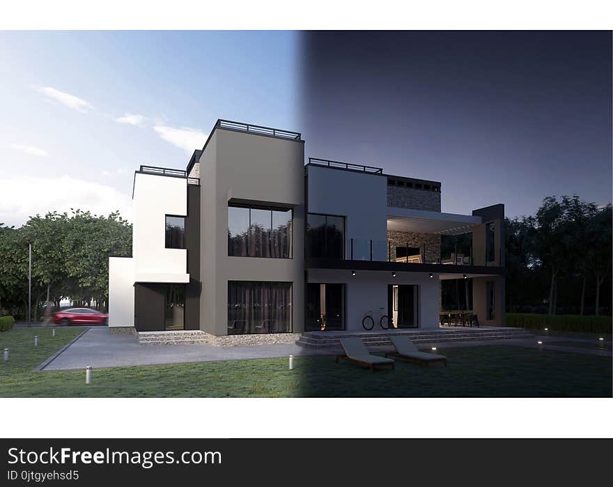 3d render of a modern private house, back yard view with sun loungers, car, bicycle, green lawn, people, terrace, fire place