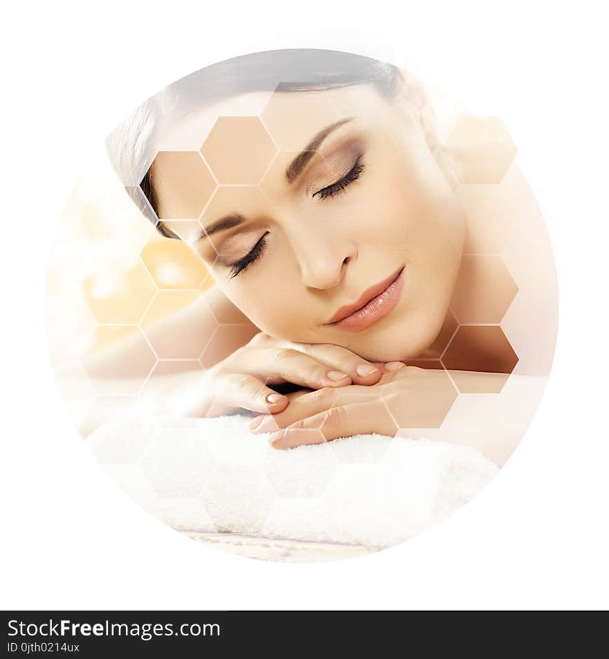 Young and beautiful woman in spa. Collage with honeycomb mosaic tiles. Massaging and healing concept.