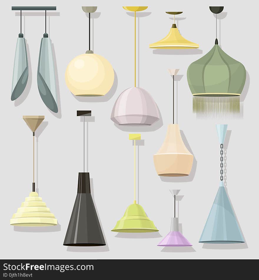 Lamps sign set for interior. Electricity floor lamp and table lamps concept. Home decoration lamp object in flat style.