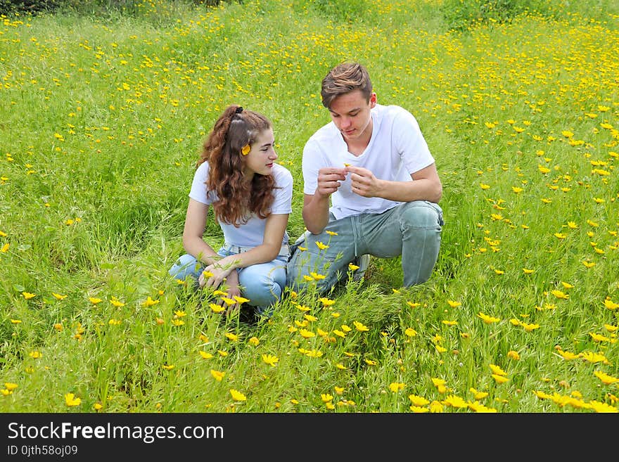 A teenage young couple having fun in a field of chrysanthemum