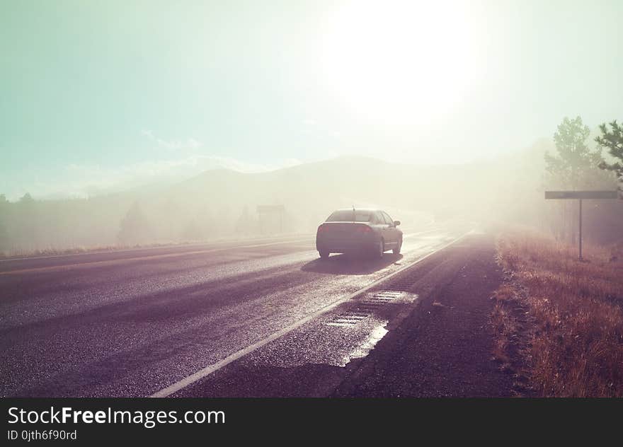 Misty road on rainy day