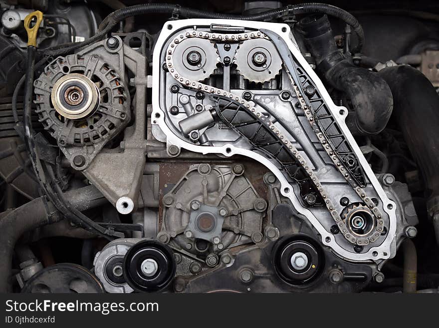 Close up of the mechanics of a car engine. front view