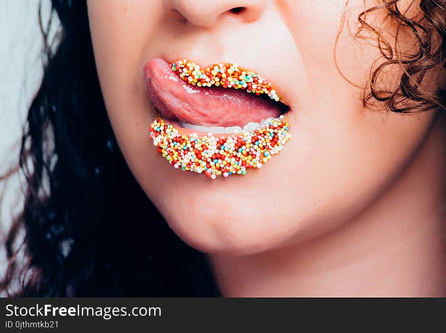 Woman With Candy Sprinkles on Lips