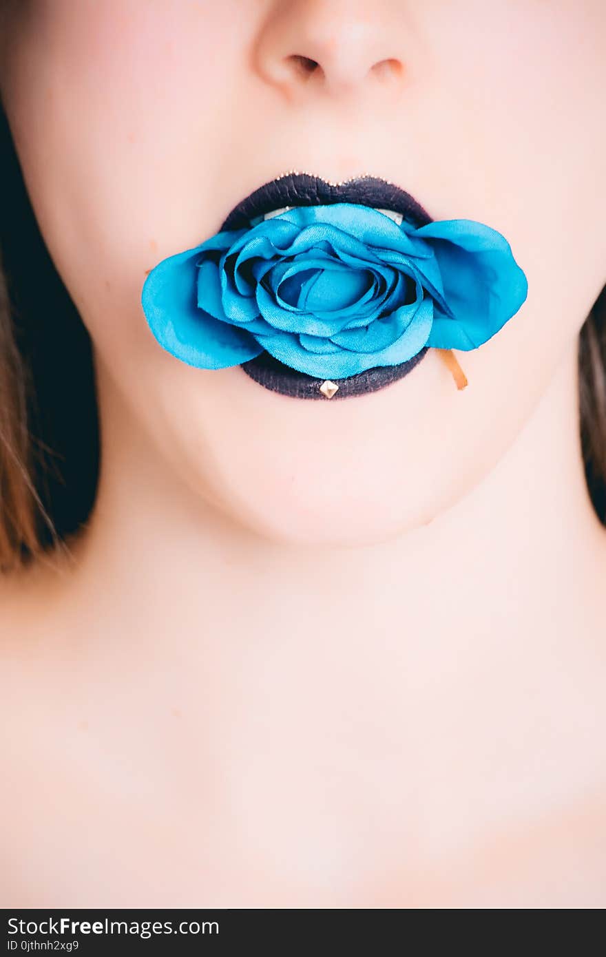 Woman Wearing Black Lipstick With Blue Rose on Mouth