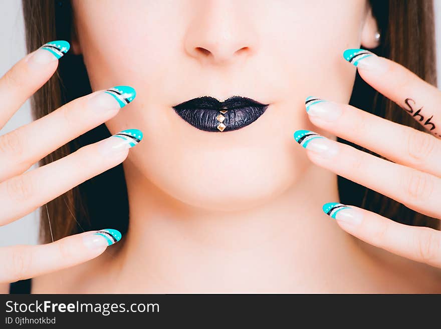 Teal, Black, and White Nail Art