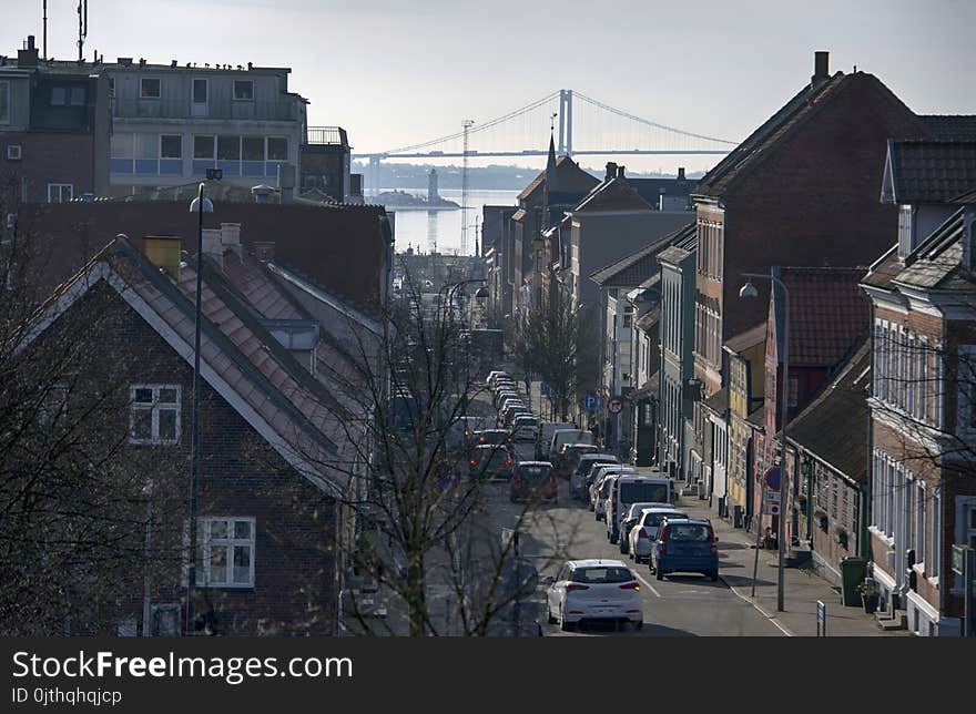 High up view over Fredericia city a beautiful cold winter day