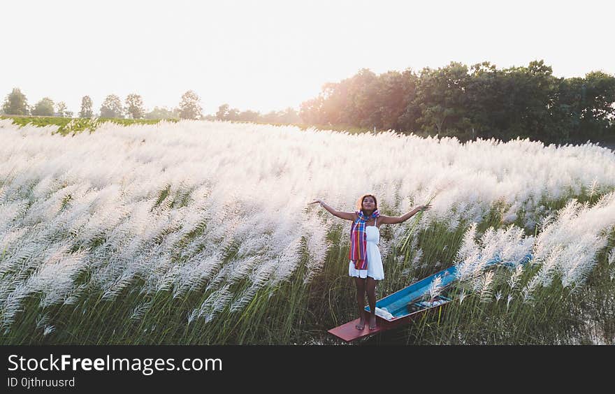 Portrait of beautiful Asian woman standing on fishing boat, enjoy natural outdoor at lake with grass flower at sunset