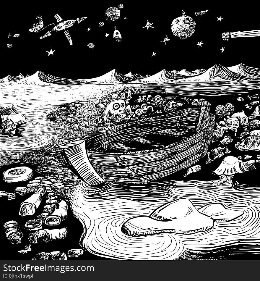 The sea creatures - A hand drawn illustration of sea creatures populating a polluted shoreline alongside a rowing boat, waste, plastic bottles and rocks. The illustration depicts the effects of global waste disposal into the sea highlighting the continued destruction of the environment through pollution.