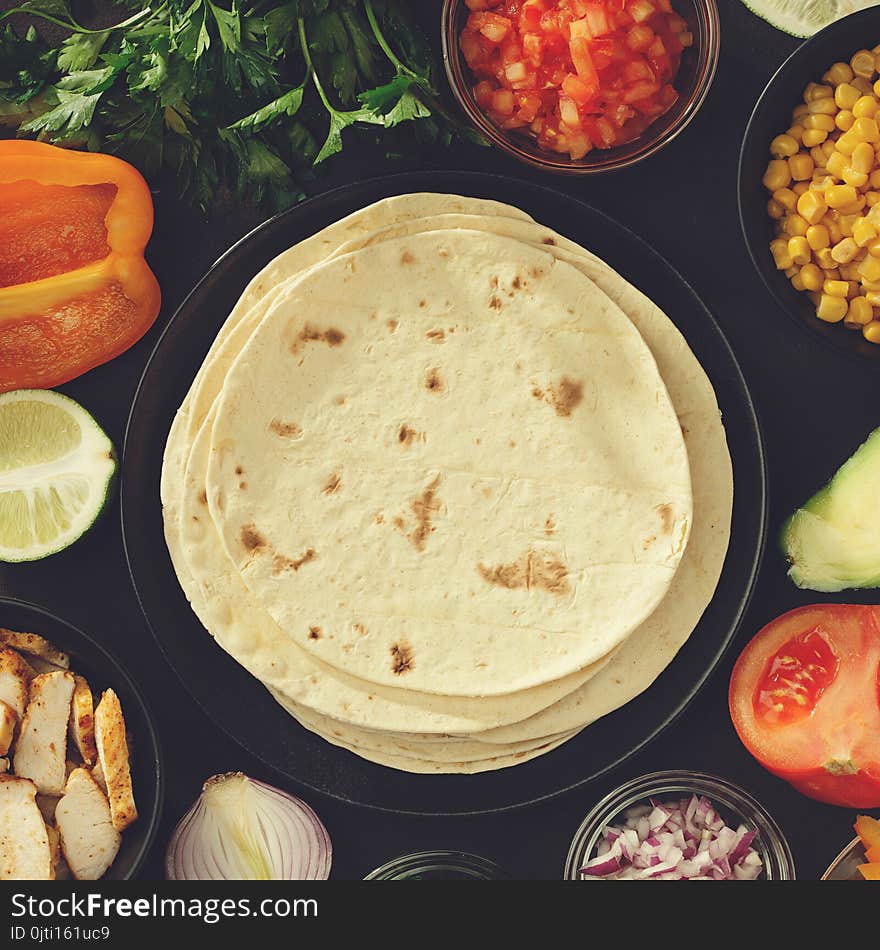 Fresh ingredients for tacos top view.