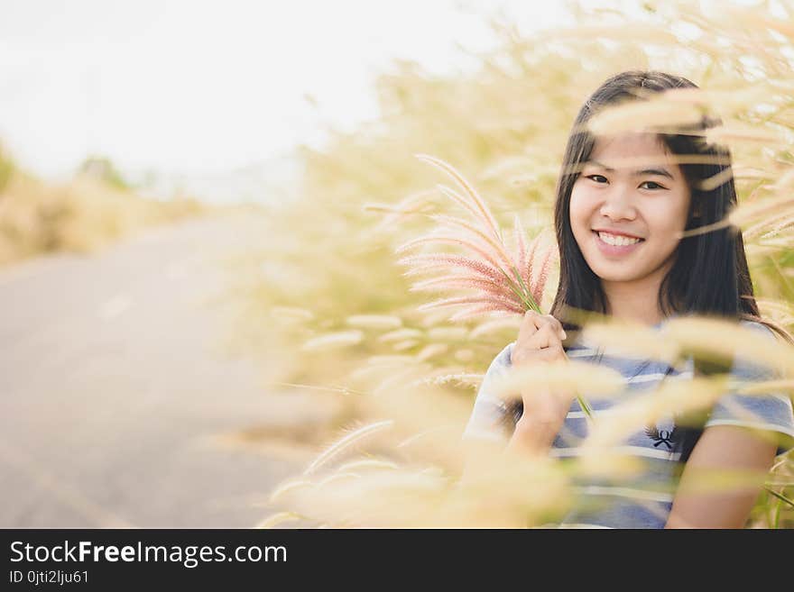 Woman enjoy grass flower in meadow at sunset