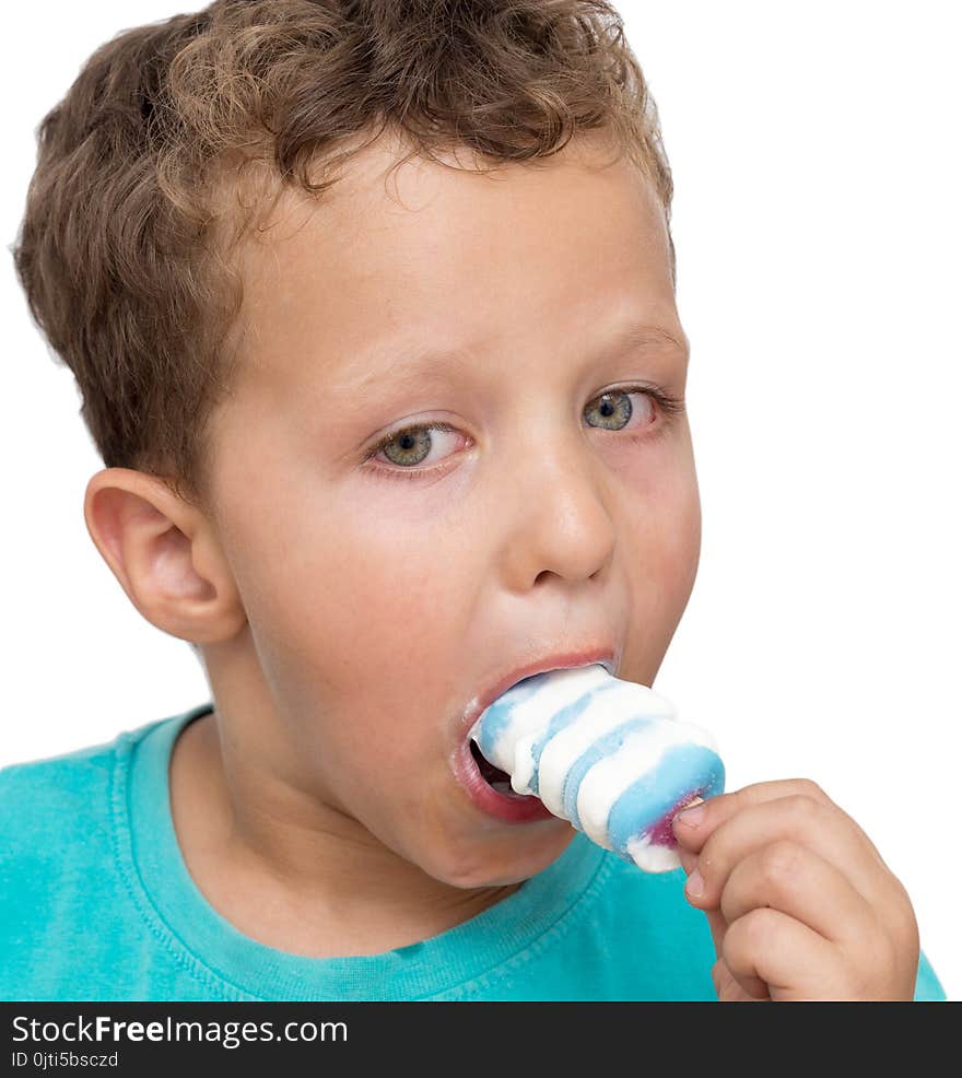 Boy eating ice cream on a white background .