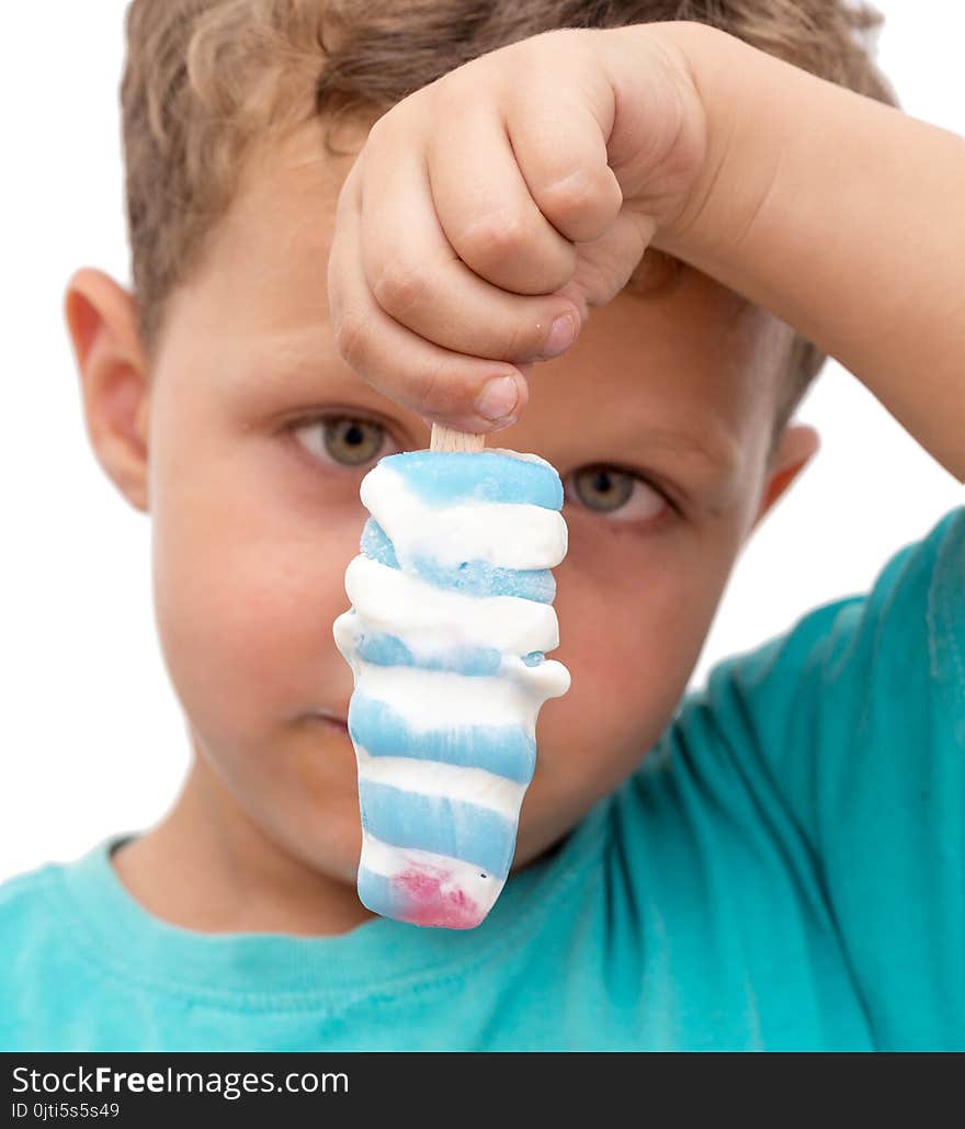 Boy Eating Ice Cream On A White Background