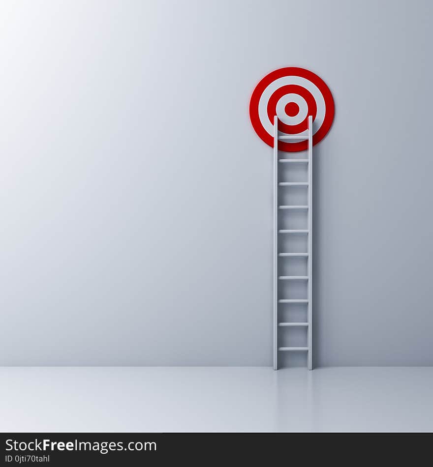 Ladder and the red target on white wall background with shadow . 3D rendering.