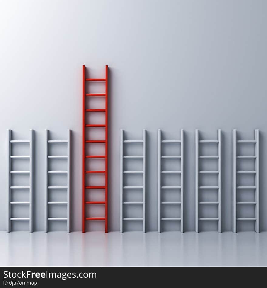 Stand out from the crowd and different creative idea concepts , Longest red ladder among other short white ladders on white wall background . 3D rendering.