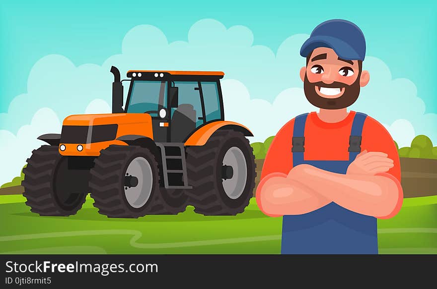 Cheerful farmer on the background of a field and a tractor. Agricultural work. Vector illustration in cartoon style