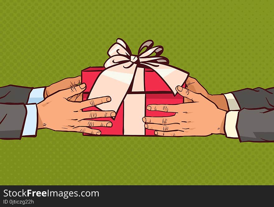 Hands Giving Gift To Another Greeting With Holiday, Red Present Box With Ribbon And Bow Over Comic Vintage Background Vector Illustration