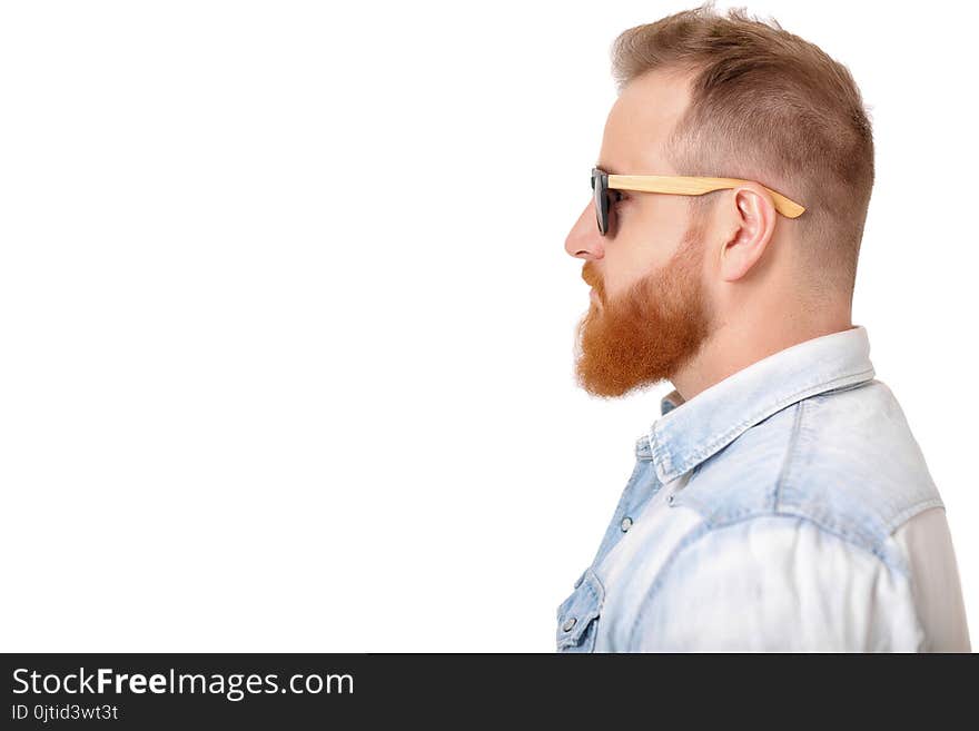 Beard Man In Sunglasses And Denim Shirt