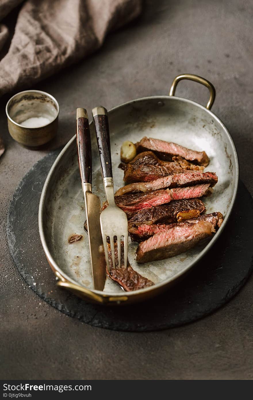 Slices Roast Beef Steak Vintage Frying Pan