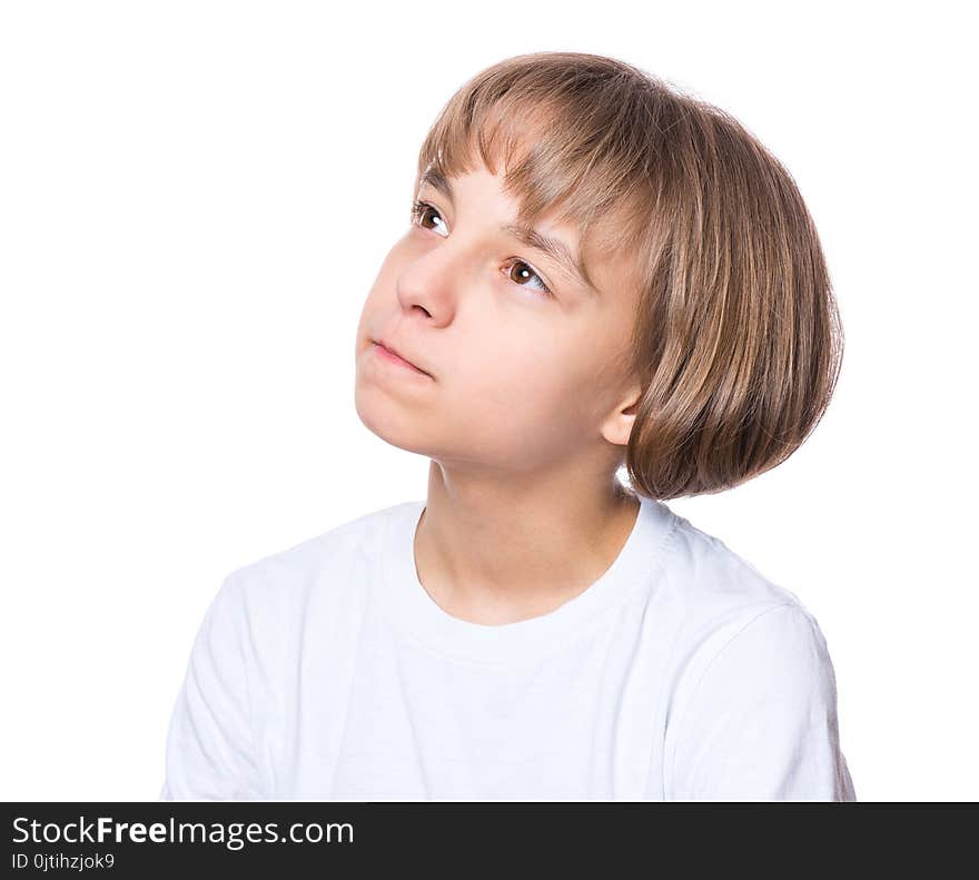 Casual thinking girl - caucasian female model. Close-up emotional portrait of child. Thoughtful kid in white t-shirt, isolated on white background. Beautiful smart serious ponder children. Casual thinking girl - caucasian female model. Close-up emotional portrait of child. Thoughtful kid in white t-shirt, isolated on white background. Beautiful smart serious ponder children.