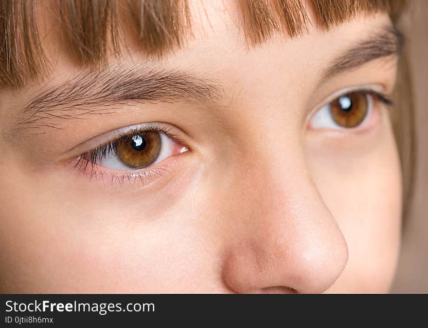 Beauty teen girl face close up portrait. Young cute child with brown eyes, looking away. Beauty teen girl face close up portrait. Young cute child with brown eyes, looking away.