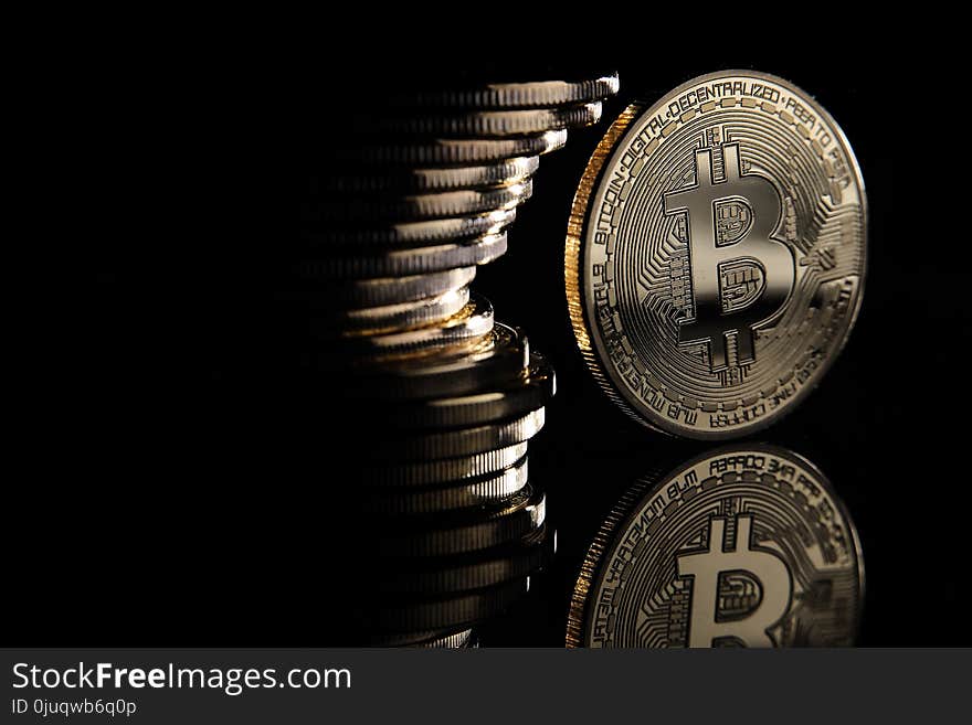 Golden Bitcoins digital currency, financial industry, Black background