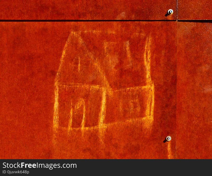 Abstract of rusty plate with child`s hand drawn chalk picture of house. aged steel plate. stain marks. primitive art, background image. modern building materials. . Abstract of rusty plate with child`s hand drawn chalk picture of house. aged steel plate. stain marks. primitive art, background image. modern building materials.