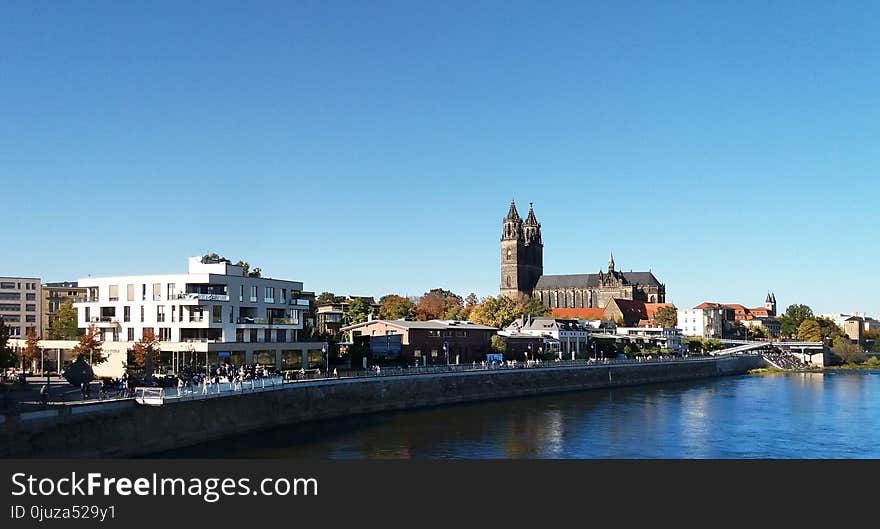 Waterway, City, Sky, Town