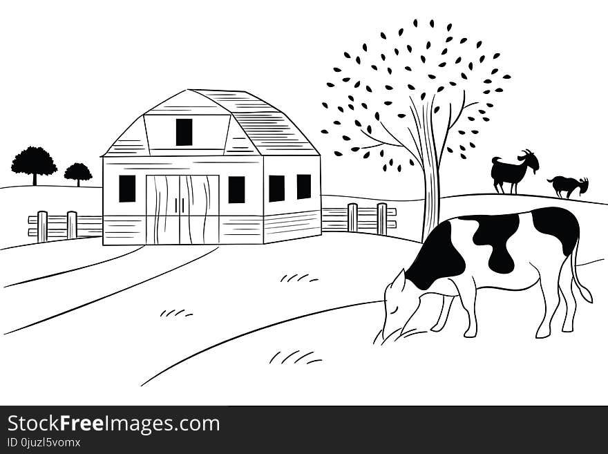 Village Farm Sketch and Outline Vector Illustration for many purpose such as product label, logo, banner, website, etc.