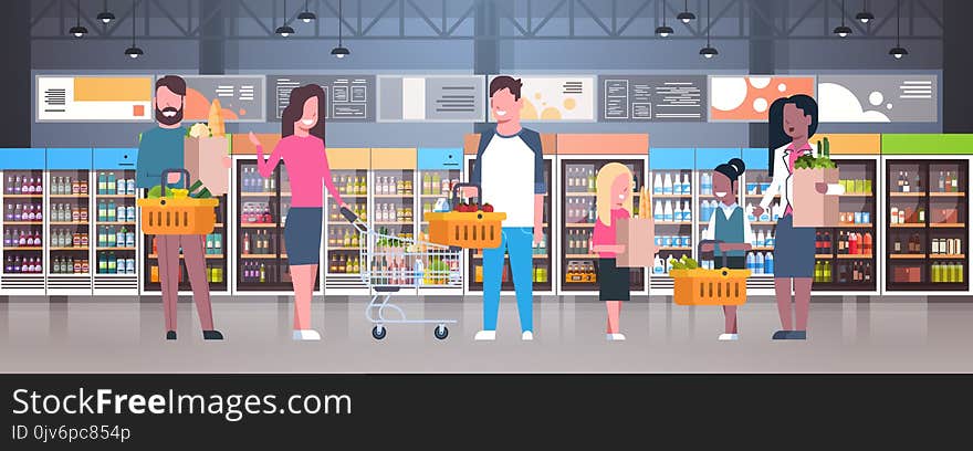 Group Of People In Supermarket, Holding Bags, Baskets And Pushing Trolleys With Grocery Products Flat Vector Illustration