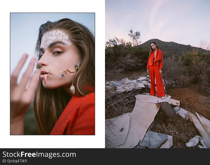 Woman in Red Jumpsuit Standing on Gray Rock