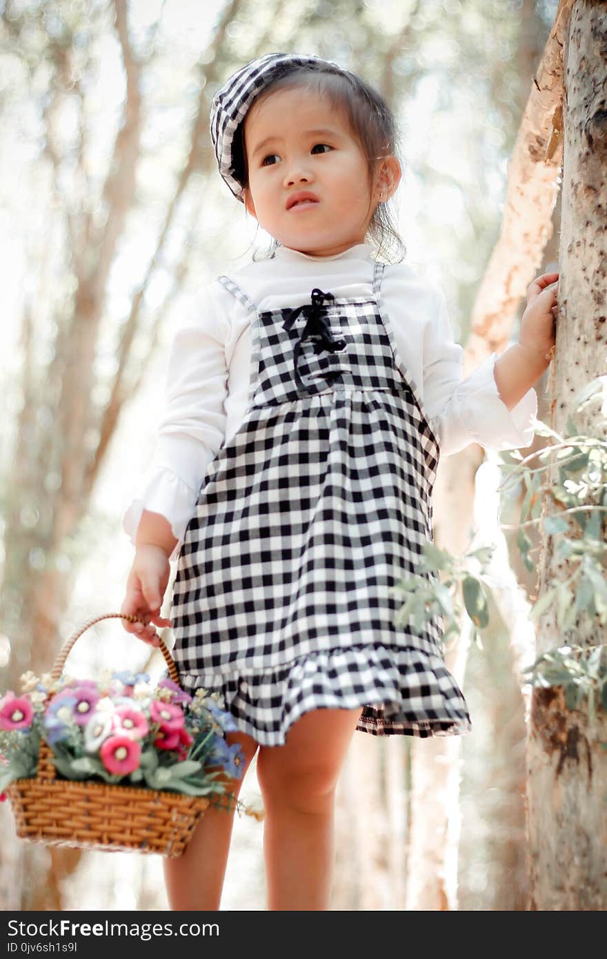 Girl in White Long-sleeved Dress Holding Basket of Flowers