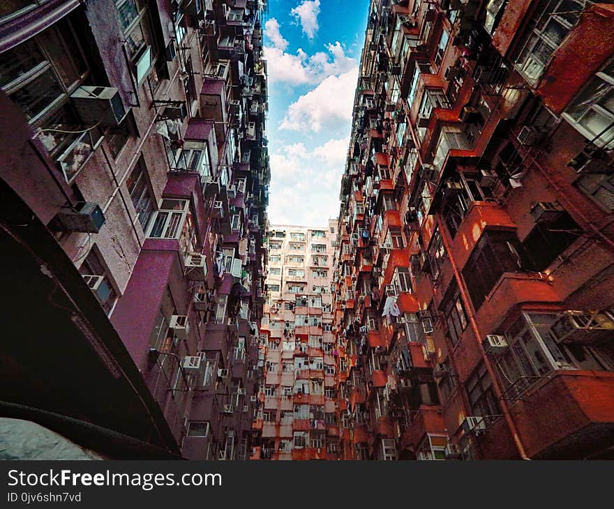 Purple and Red Concrete Buildings and Cloudy Sky