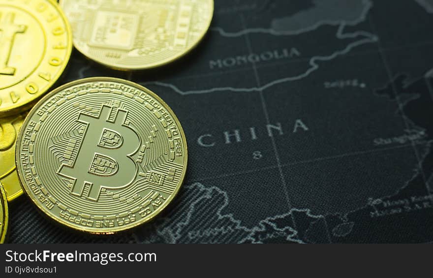 The Gold coin Bitcoin on dark map concept image picture for Background.