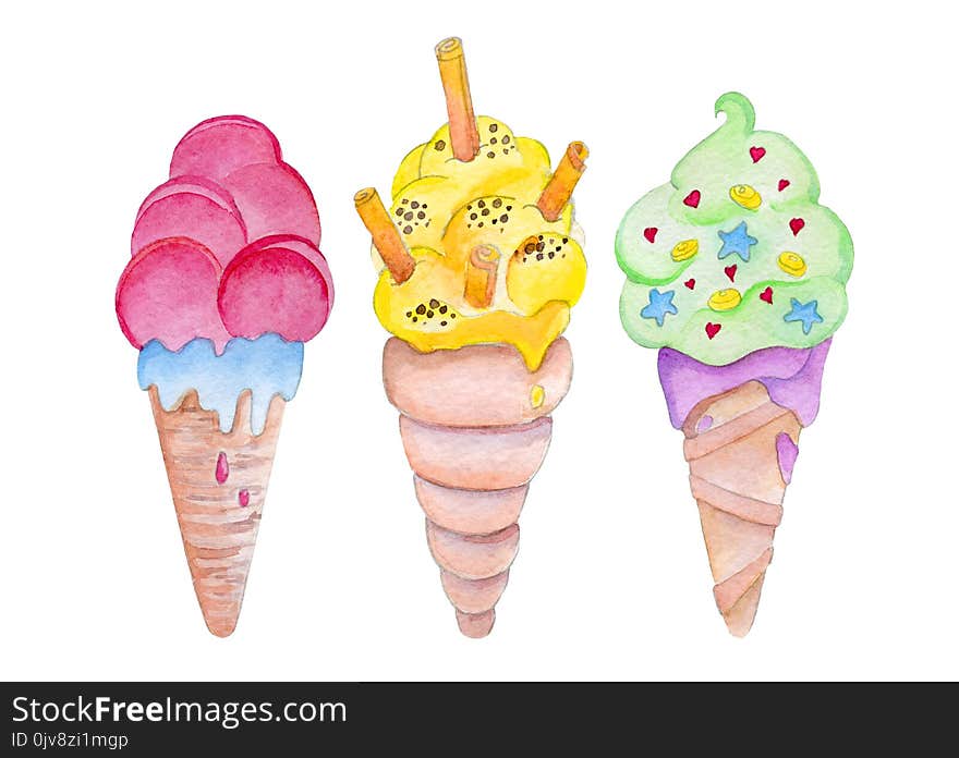 Set of watercolor fruit ice cream on stick isolated on white background. Colorful sweet summer dessert perfect for menu. Set of watercolor fruit ice cream on stick isolated on white background. Colorful sweet summer dessert perfect for menu