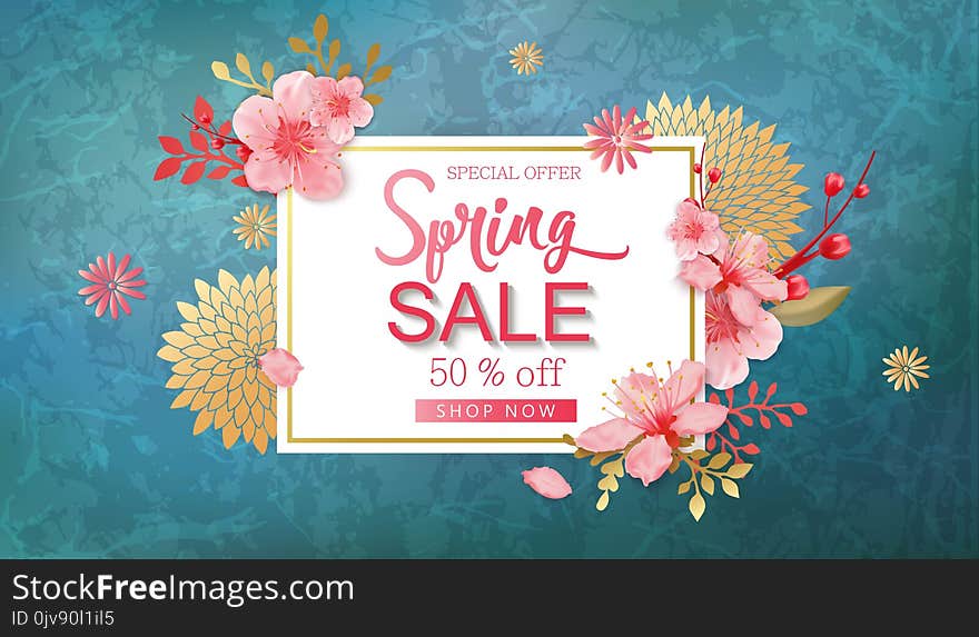 Spring Sale Vector Illustration. Banner With Cherry Blossoms.