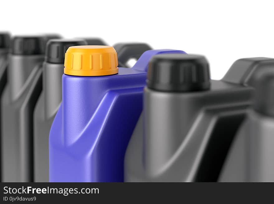 Unique motor oil plastic jerry can among a group of ordinary ones. Business leadership, uniqueness and outstanding quality advantage concept. 3D illustration. Unique motor oil plastic jerry can among a group of ordinary ones. Business leadership, uniqueness and outstanding quality advantage concept. 3D illustration