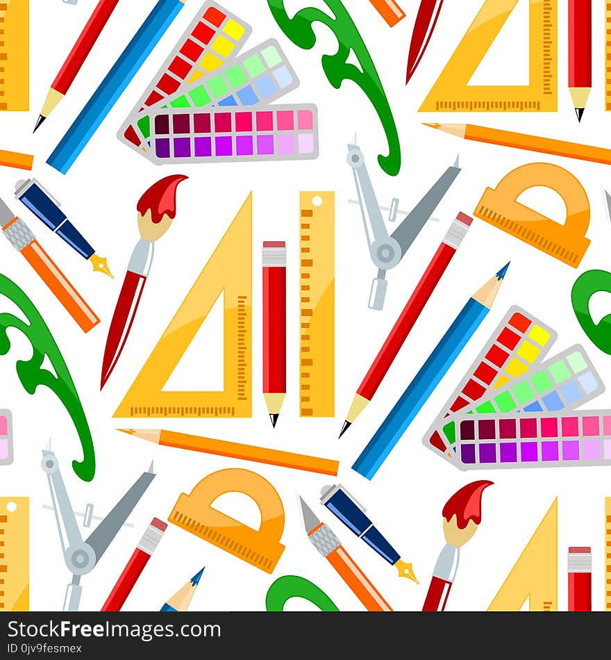 Creativity school supplies seamless pattern background imagination vector illustration abstract colorful flat creative