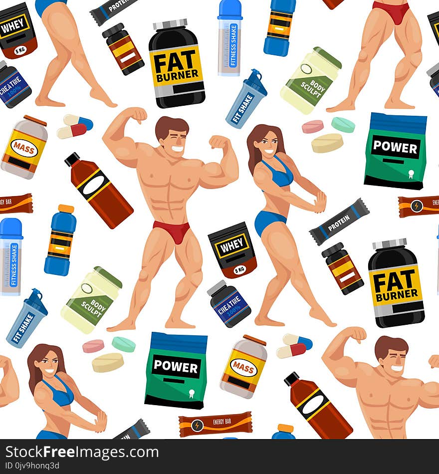 Bodybuilders Gym Athlete Seamless Pattern Background Sport Food Diet Symbols Fitness Nutrition Protein Powder Drink