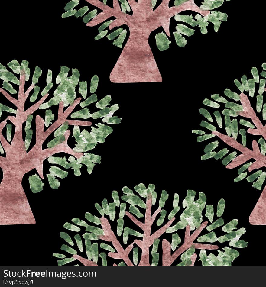 Seamless pattern with watercolor tree with green leaf