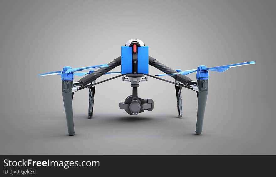 White drone quadrocopter with photo camera flying in the blue sky Concept of aero film 3d render