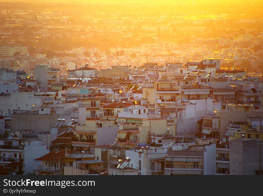 Sunset over a densely populated residential district in western Thessalonica - Greece