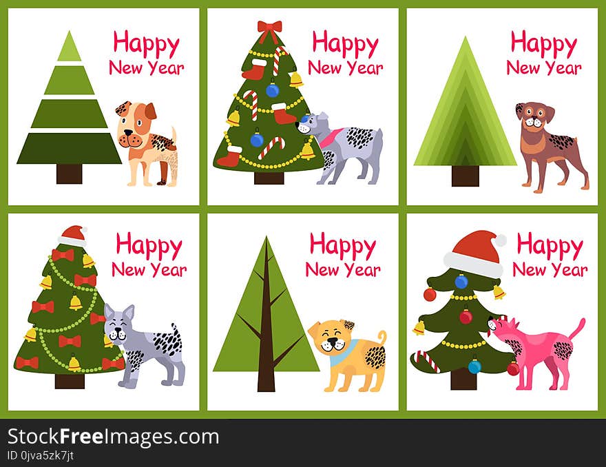 Set of Happy New Year Posters Christmas Trees Dogs