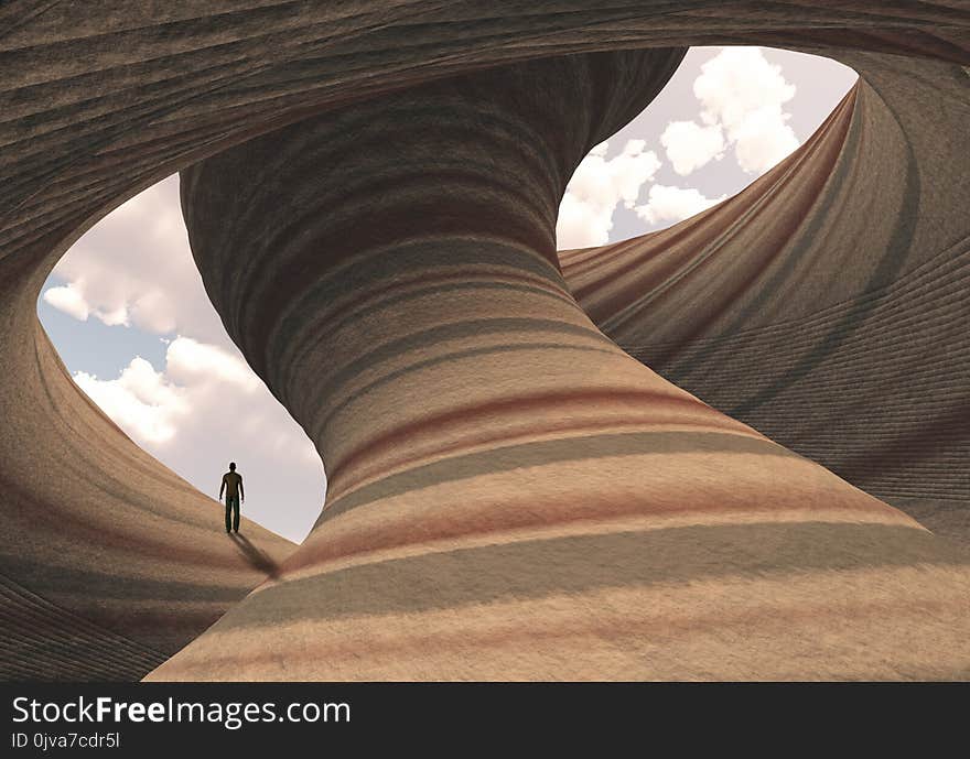 Man on carved canyon rock with cloudy sky. Human elements were created with 3D software and are not from any actual human likenesses. Man on carved canyon rock with cloudy sky. Human elements were created with 3D software and are not from any actual human likenesses.