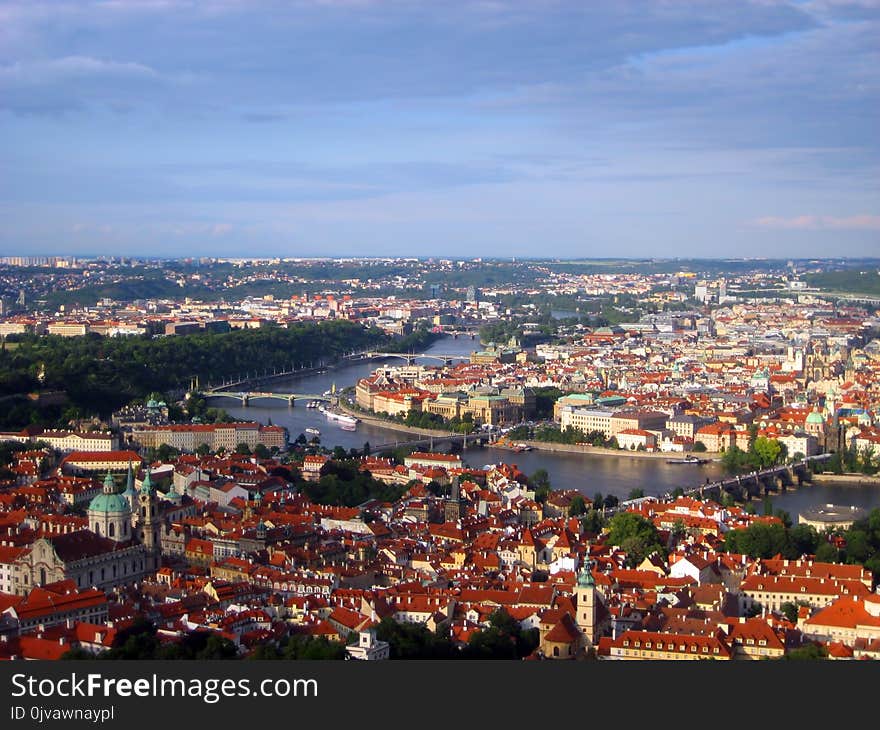 Aerial view of Charles Bridge over Vltava river and Old city