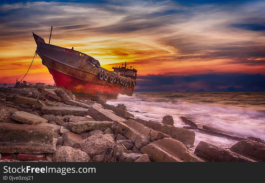 Sky, Shipwreck, Shore, Sunrise