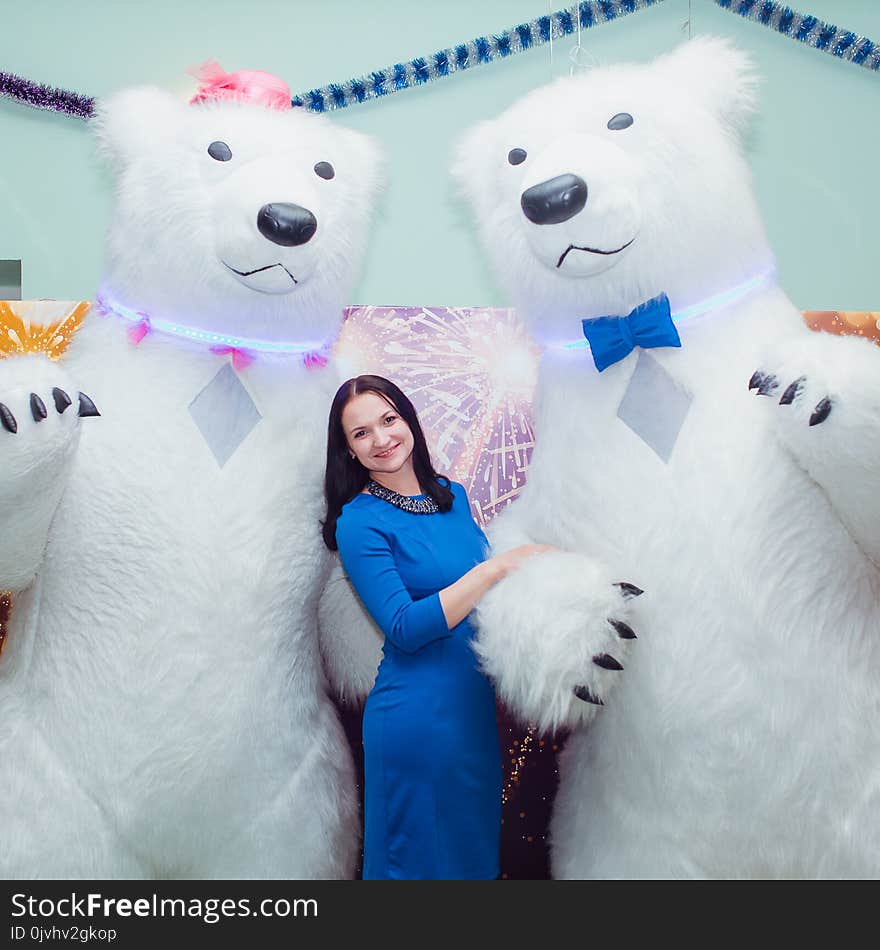 The girl in the blue dress posing with very big bears. The girl in the blue dress posing with very big bears