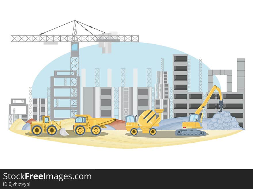 Under construction zone with construction trucks over white background, colorful design vector illustration. Under construction zone with construction trucks over white background, colorful design vector illustration